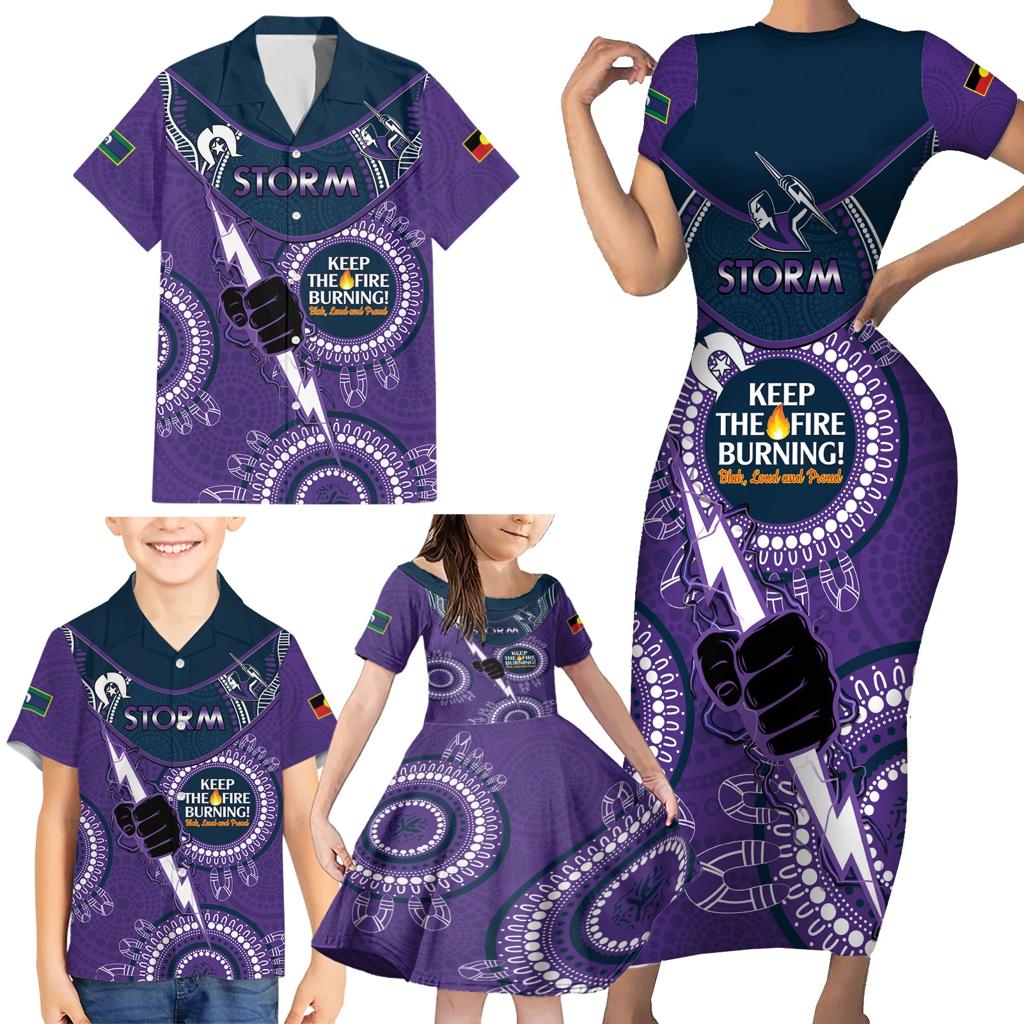 Custom NRL Storm NAIDOC Week Family Matching Short Sleeve Bodycon Dress and Hawaiian Shirt Keep The Fire Burning Indigenous Art