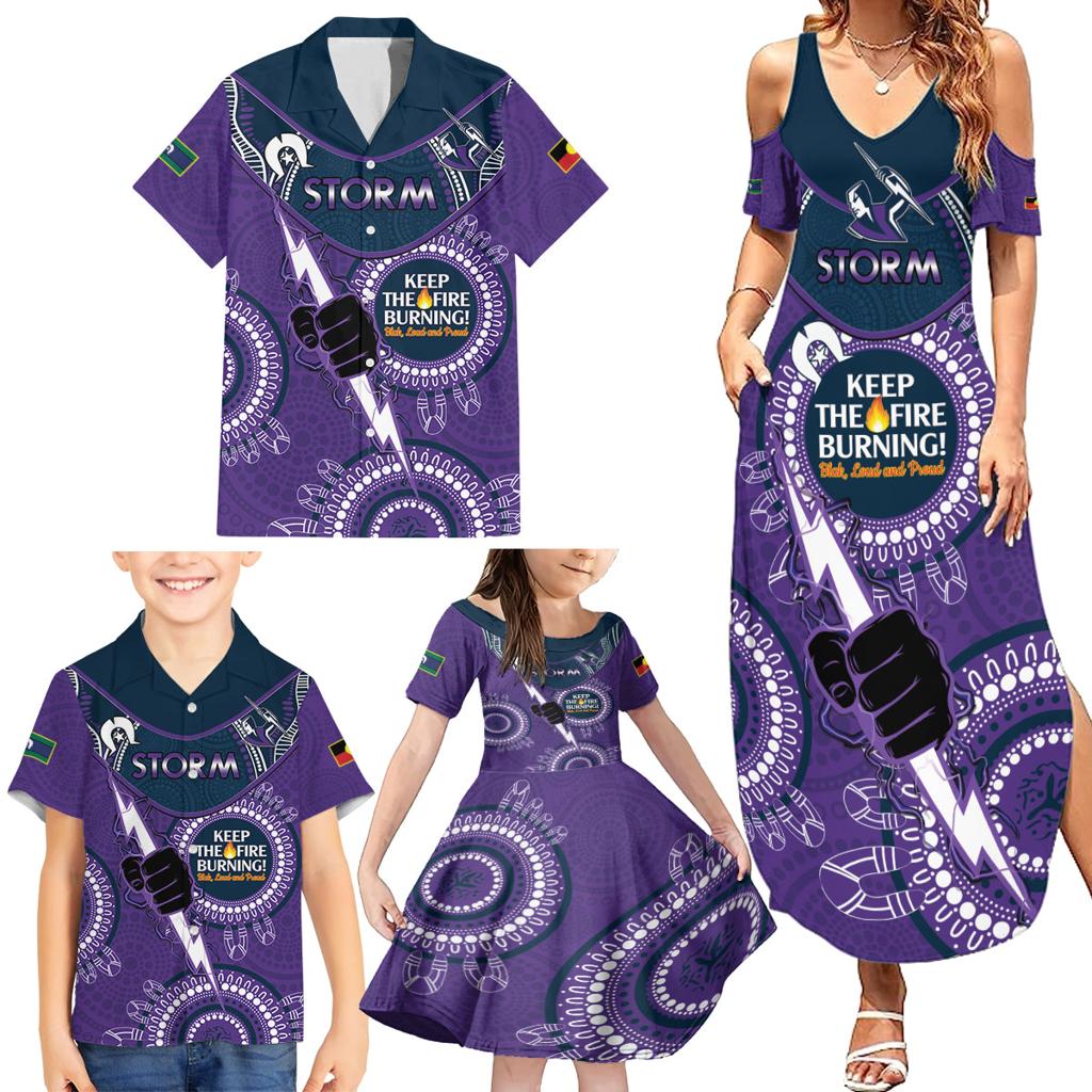 Custom NRL Storm NAIDOC Week Family Matching Summer Maxi Dress and Hawaiian Shirt Keep The Fire Burning Indigenous Art