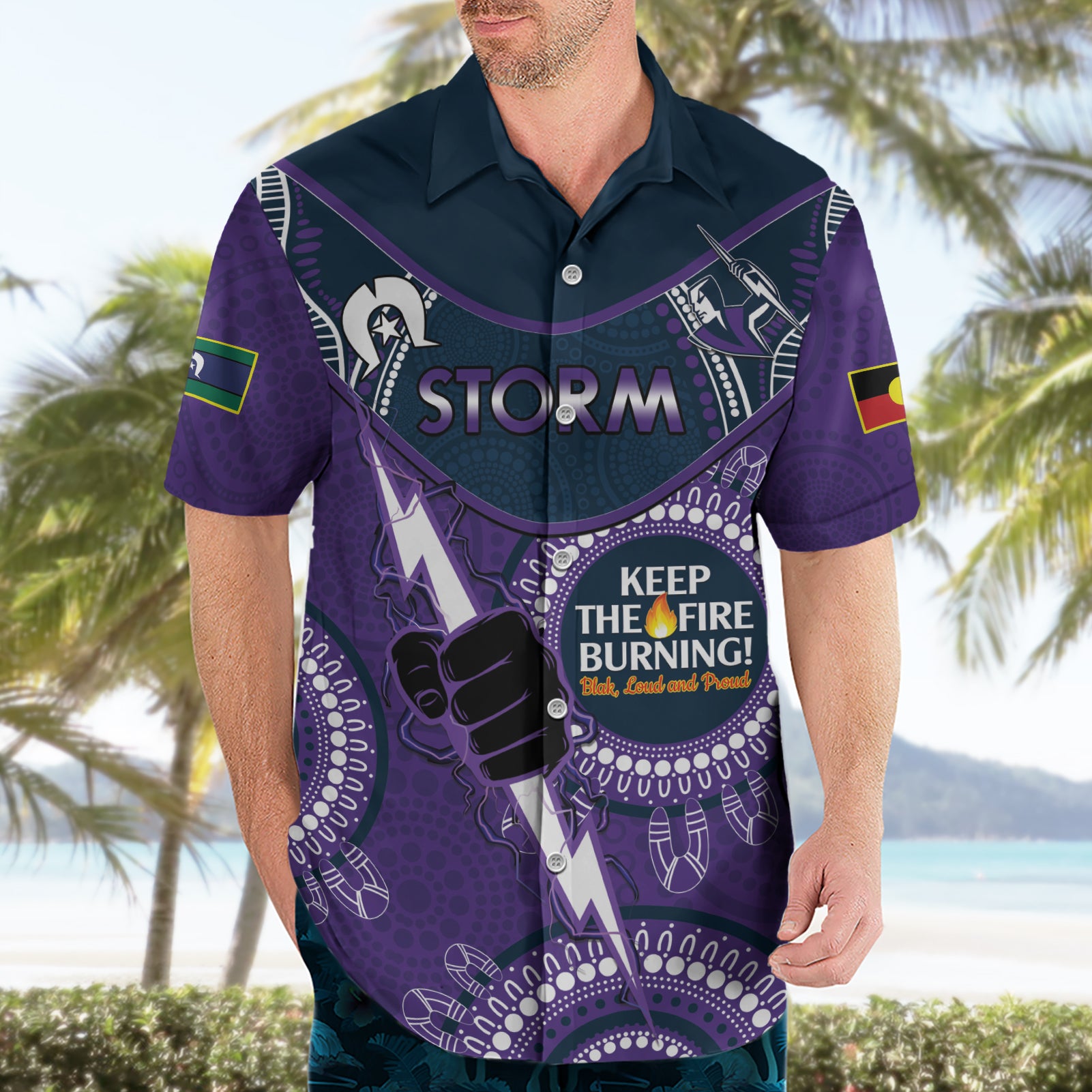 Custom NRL Storm NAIDOC Week Hawaiian Shirt Keep The Fire Burning Indigenous Art