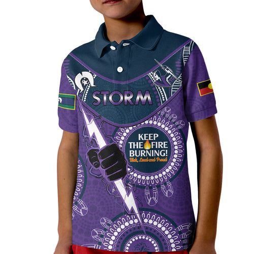Custom NRL Storm NAIDOC Week Kid Polo Shirt Keep The Fire Burning Indigenous Art