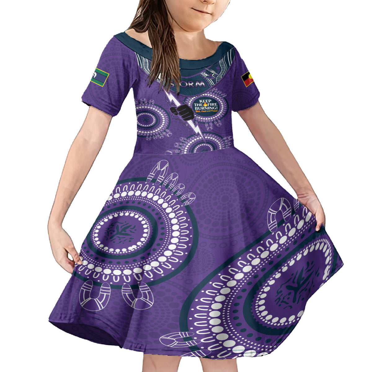 Custom NRL Storm NAIDOC Week Kid Short Sleeve Dress Keep The Fire Burning Indigenous Art