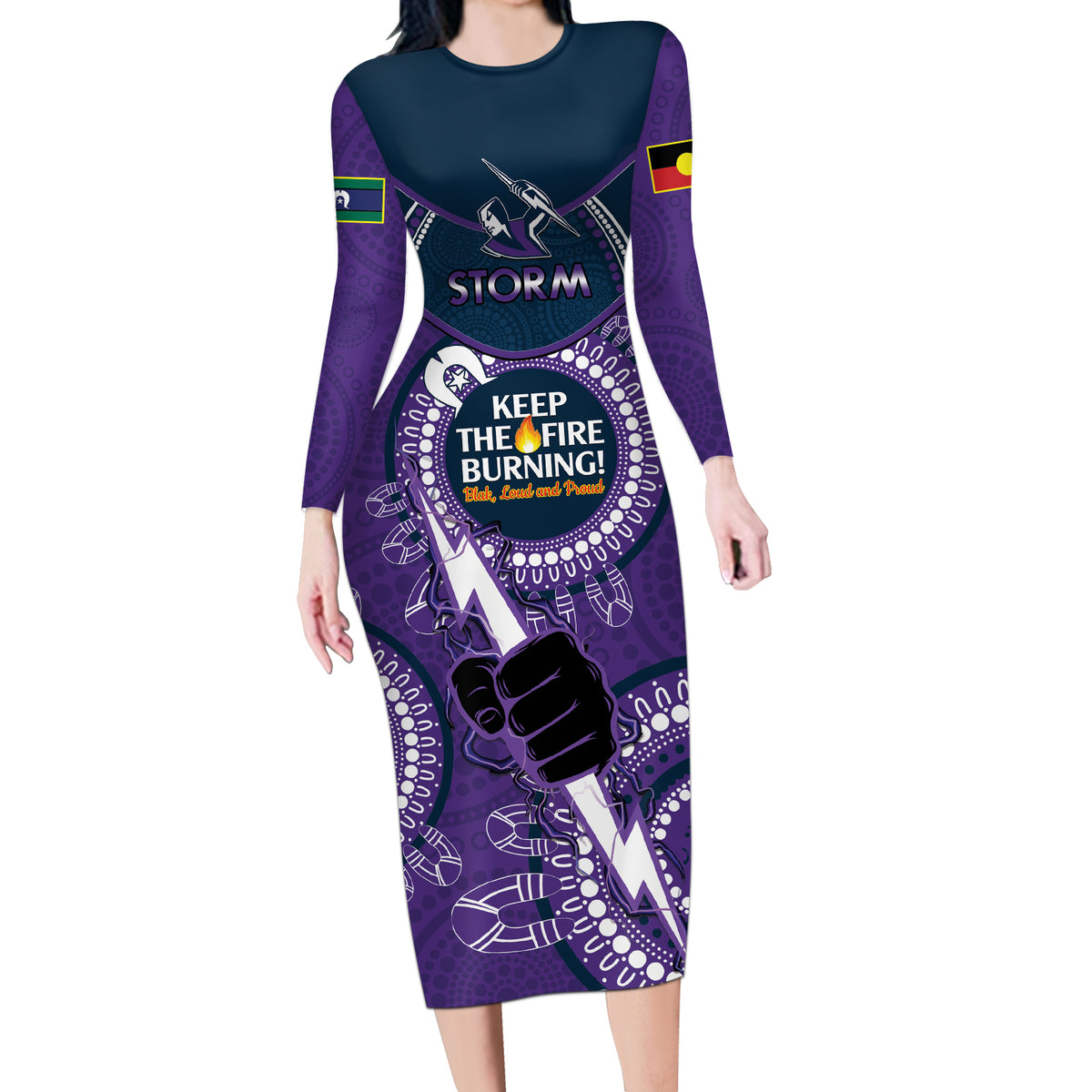 Custom NRL Storm NAIDOC Week Long Sleeve Bodycon Dress Keep The Fire Burning Indigenous Art