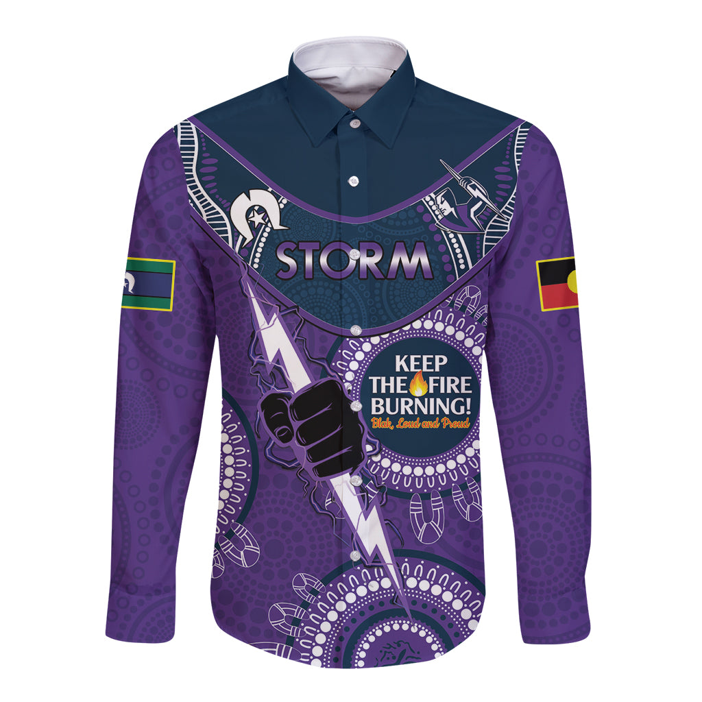 Custom NRL Storm NAIDOC Week Long Sleeve Button Shirt Keep The Fire Burning Indigenous Art