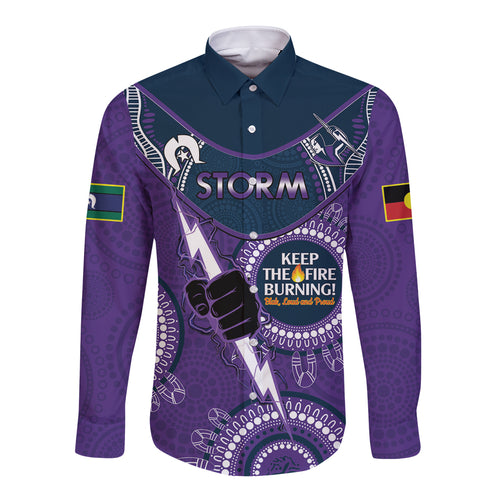 Custom NRL Storm NAIDOC Week Long Sleeve Button Shirt Keep The Fire Burning Indigenous Art