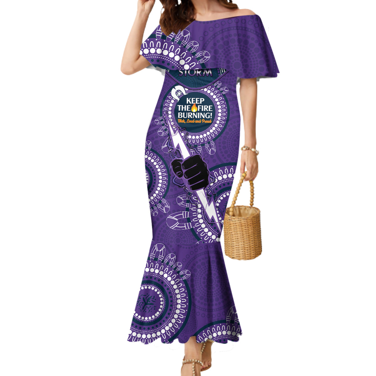 Custom NRL Storm NAIDOC Week Mermaid Dress Keep The Fire Burning Indigenous Art