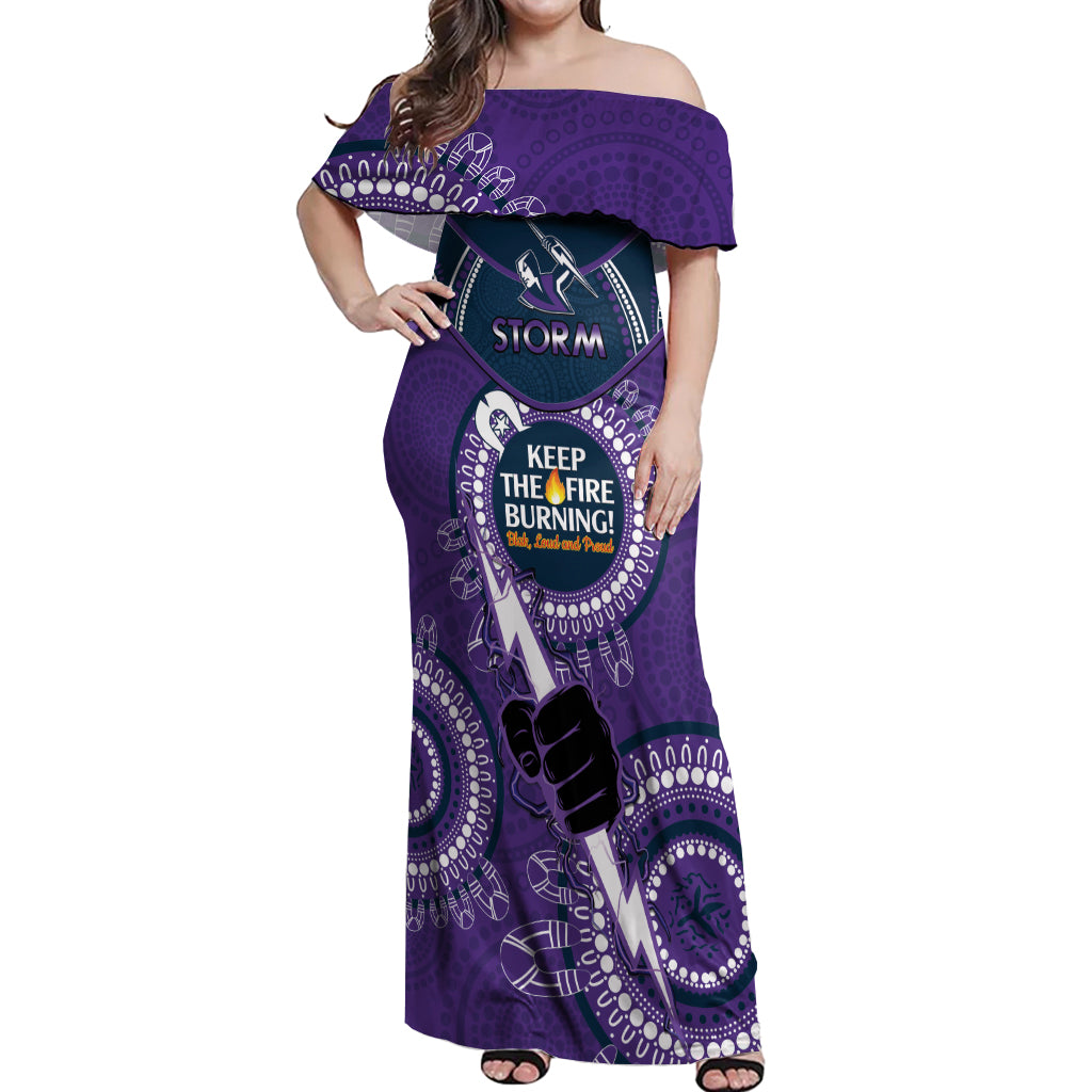 Custom NRL Storm NAIDOC Week Off Shoulder Maxi Dress Keep The Fire Burning Indigenous Art
