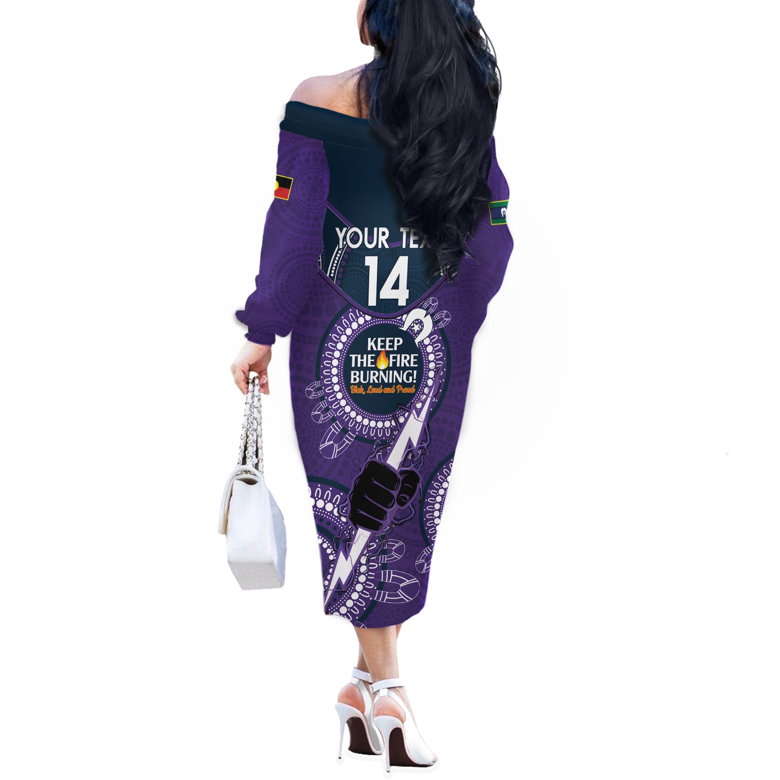 Custom NRL Storm NAIDOC Week Off The Shoulder Long Sleeve Dress Keep The Fire Burning Indigenous Art