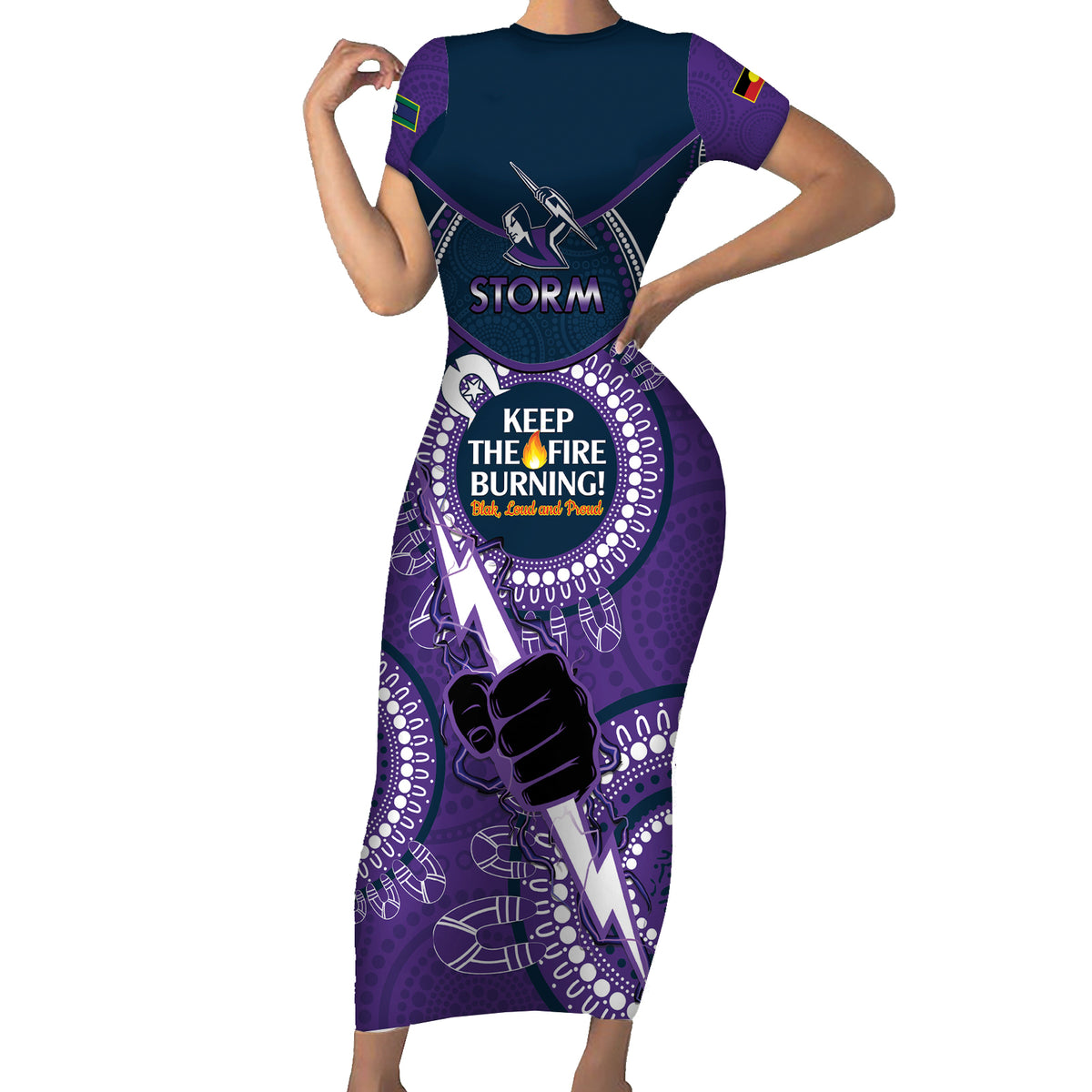 Custom NRL Storm NAIDOC Week Short Sleeve Bodycon Dress Keep The Fire Burning Indigenous Art