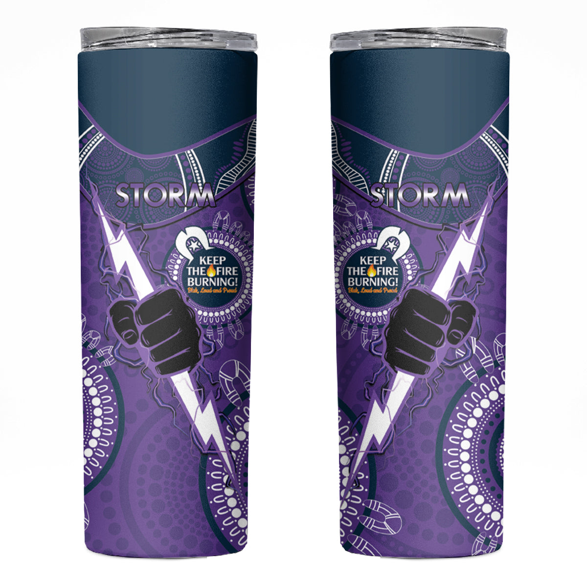 NRL Storm NAIDOC Week Skinny Tumbler Keep The Fire Burning Indigenous Art