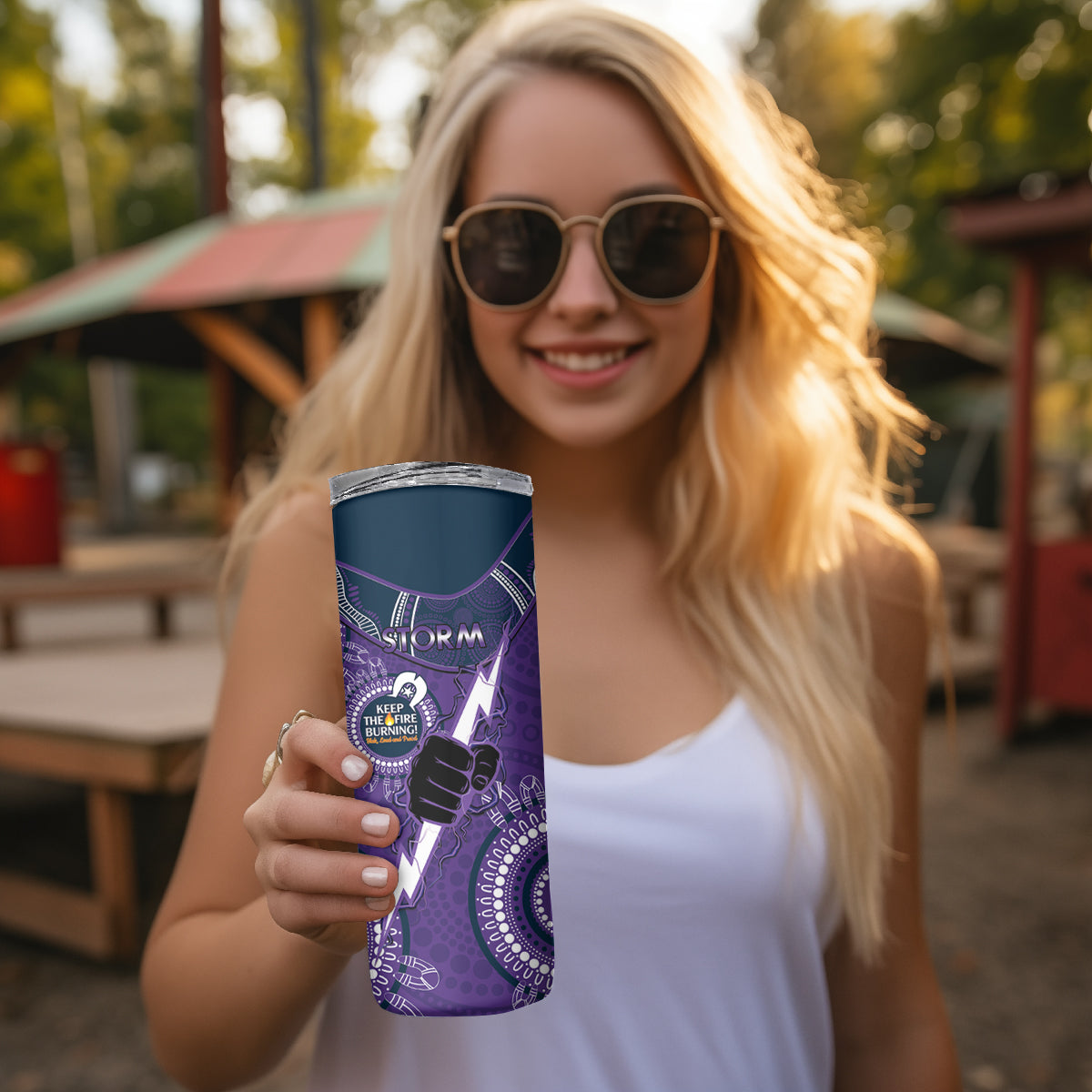 NRL Storm NAIDOC Week Skinny Tumbler Keep The Fire Burning Indigenous Art