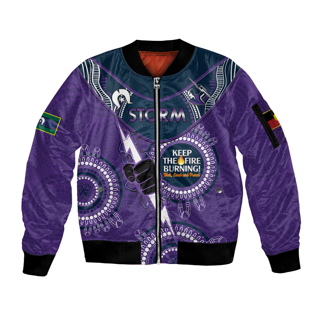 Custom NRL Storm NAIDOC Week Sleeve Zip Bomber Jacket Keep The Fire Burning Indigenous Art