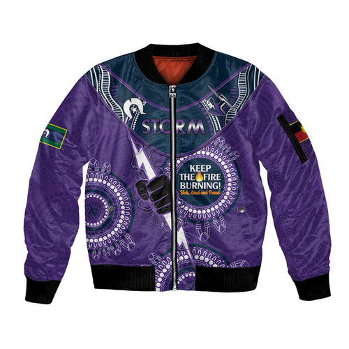Custom NRL Storm NAIDOC Week Sleeve Zip Bomber Jacket Keep The Fire Burning Indigenous Art