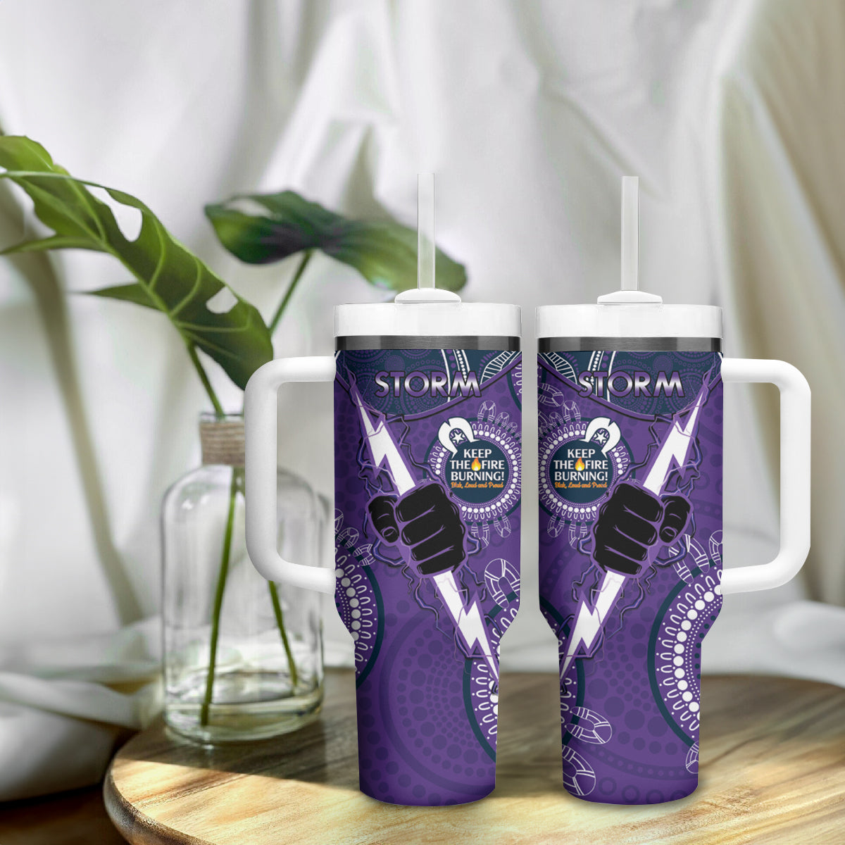 NRL Storm NAIDOC Week Tumbler With Handle Keep The Fire Burning Indigenous Art