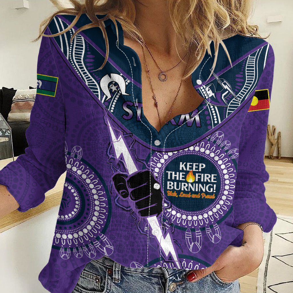 Custom NRL Storm NAIDOC Week Women Casual Shirt Keep The Fire Burning Indigenous Art