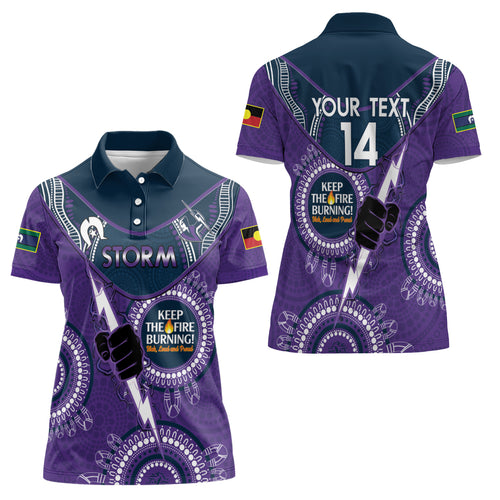 Custom NRL Storm NAIDOC Week Women Polo Shirt Keep The Fire Burning Indigenous Art