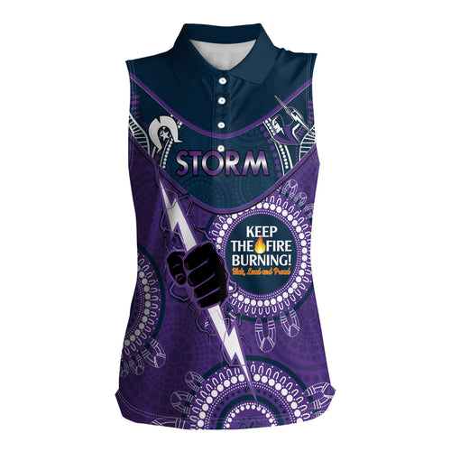 Custom NRL Storm NAIDOC Week Women Sleeveless Polo Shirt Keep The Fire Burning Indigenous Art