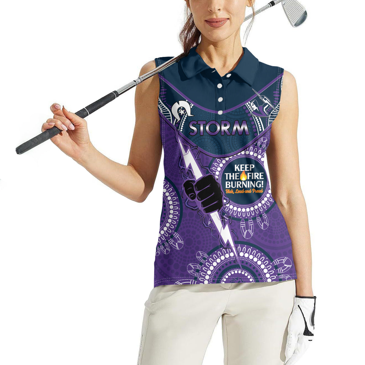 Custom NRL Storm NAIDOC Week Women Sleeveless Polo Shirt Keep The Fire Burning Indigenous Art