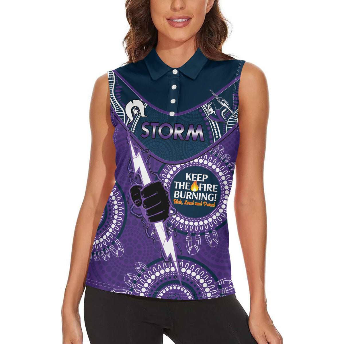 Custom NRL Storm NAIDOC Week Women Sleeveless Polo Shirt Keep The Fire Burning Indigenous Art