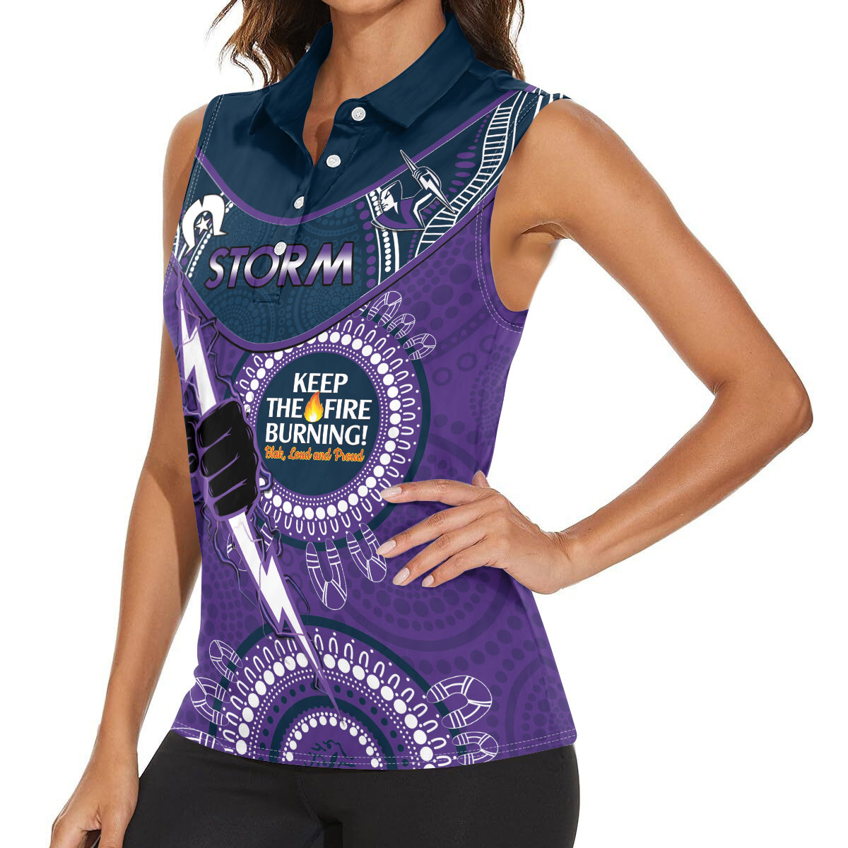 Custom NRL Storm NAIDOC Week Women Sleeveless Polo Shirt Keep The Fire Burning Indigenous Art