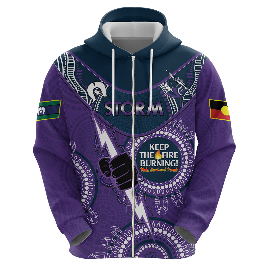 Custom NRL Storm NAIDOC Week Zip Hoodie Keep The Fire Burning Indigenous Art