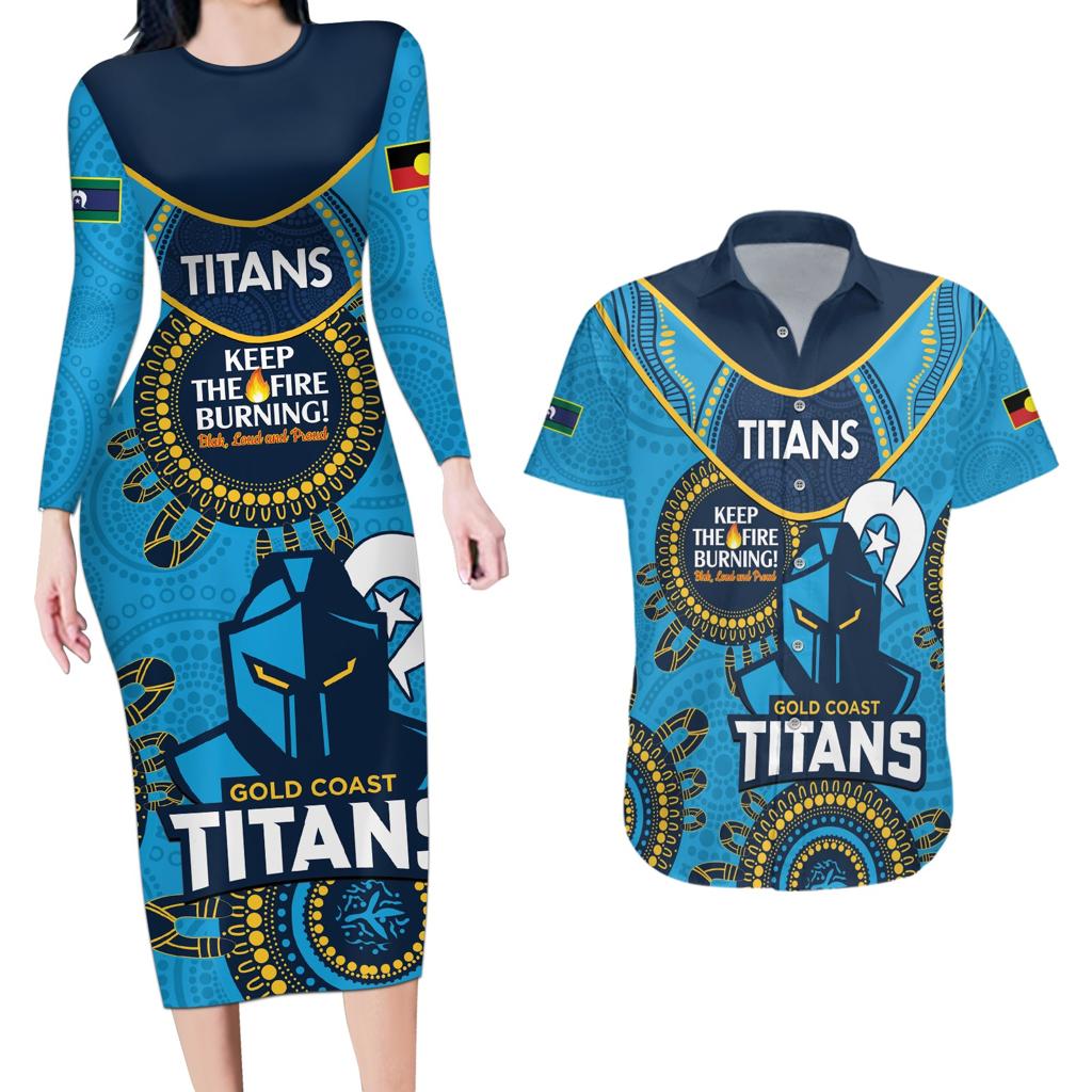 Custom NRL Titans NAIDOC Week Couples Matching Long Sleeve Bodycon Dress and Hawaiian Shirt Keep The Fire Burning Indigenous Art