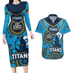 Custom NRL Titans NAIDOC Week Couples Matching Long Sleeve Bodycon Dress and Hawaiian Shirt Keep The Fire Burning Indigenous Art