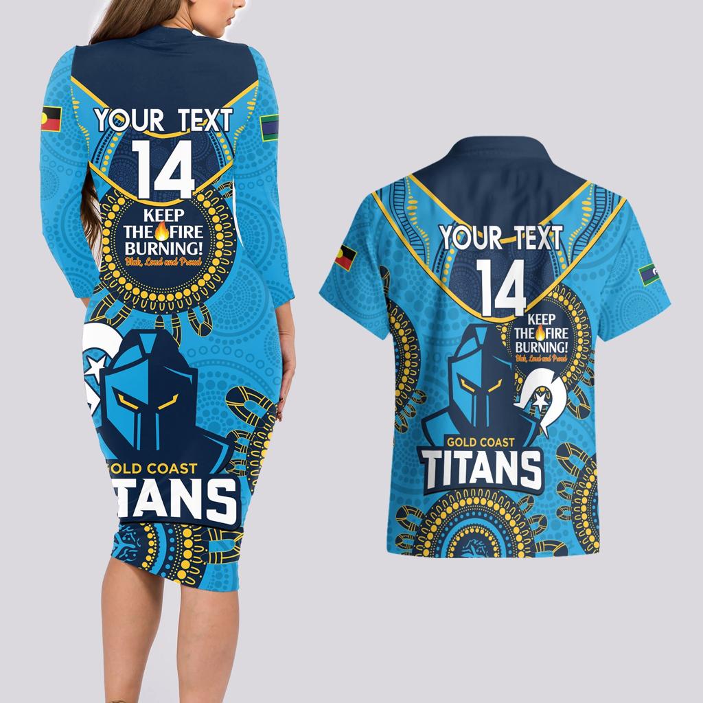 Custom NRL Titans NAIDOC Week Couples Matching Long Sleeve Bodycon Dress and Hawaiian Shirt Keep The Fire Burning Indigenous Art