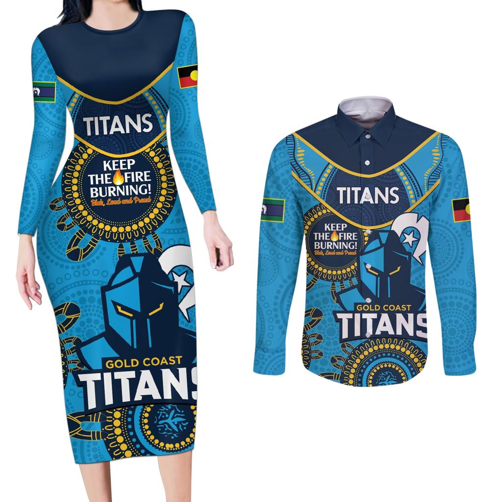 Custom NRL Titans NAIDOC Week Couples Matching Long Sleeve Bodycon Dress and Long Sleeve Button Shirt Keep The Fire Burning Indigenous Art