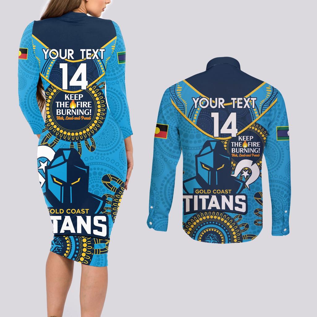Custom NRL Titans NAIDOC Week Couples Matching Long Sleeve Bodycon Dress and Long Sleeve Button Shirt Keep The Fire Burning Indigenous Art
