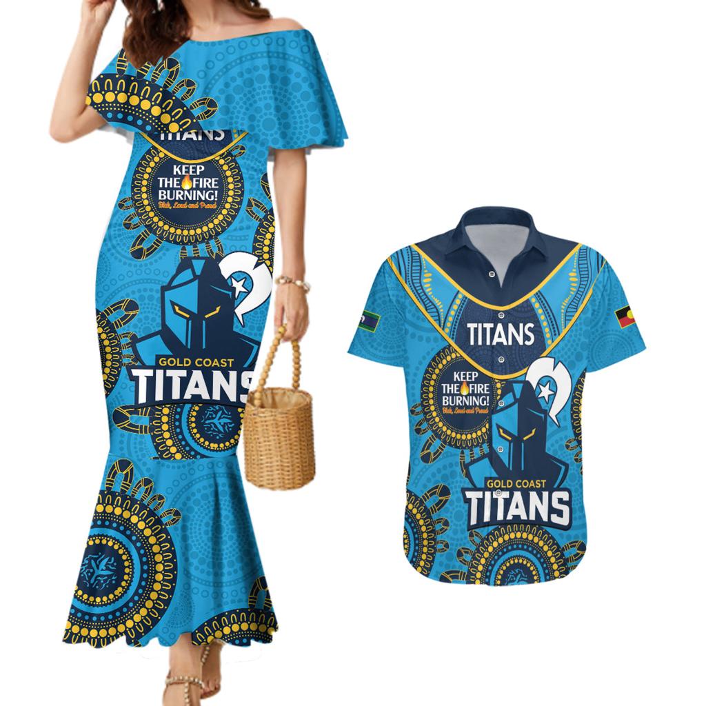 Custom NRL Titans NAIDOC Week Couples Matching Mermaid Dress and Hawaiian Shirt Keep The Fire Burning Indigenous Art
