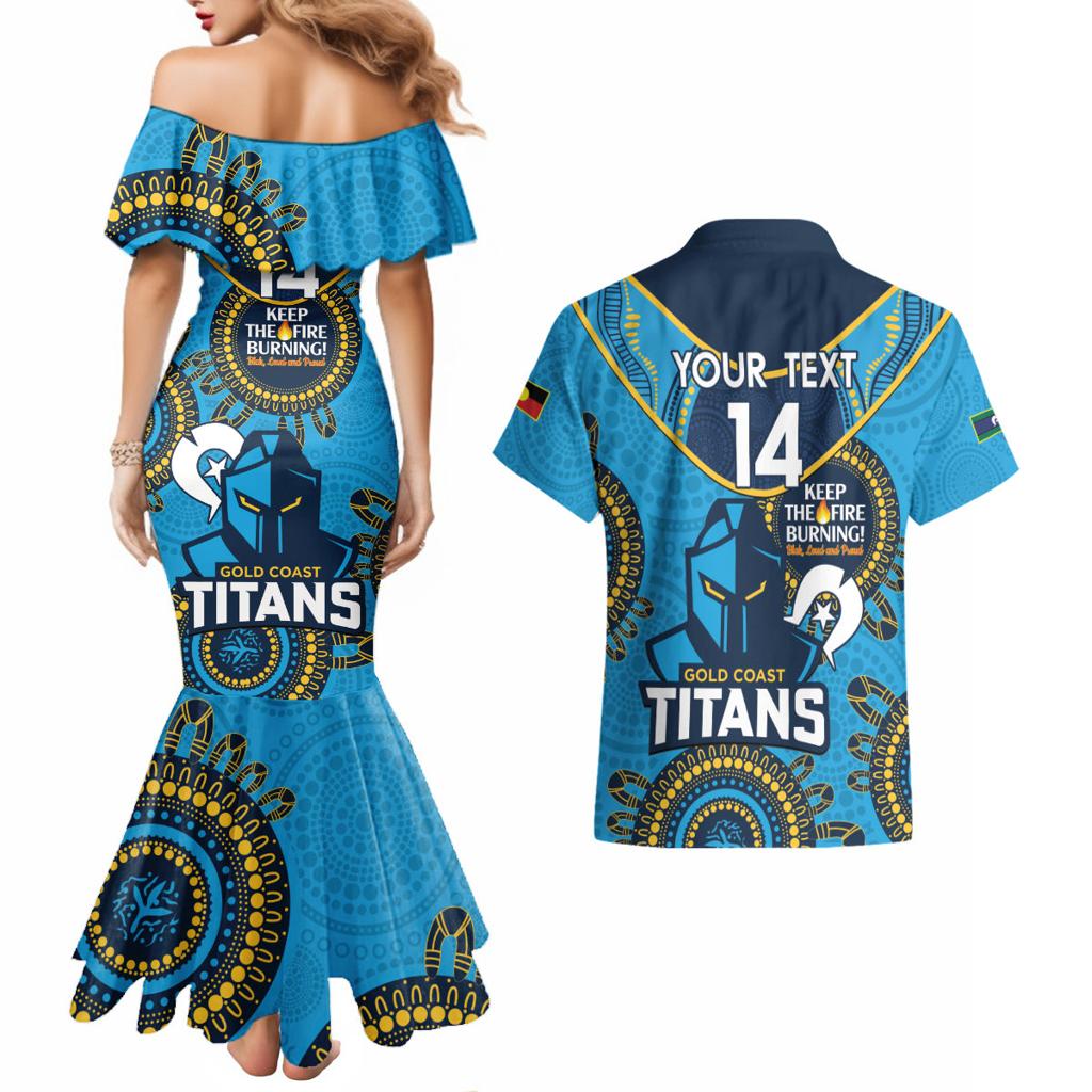 Custom NRL Titans NAIDOC Week Couples Matching Mermaid Dress and Hawaiian Shirt Keep The Fire Burning Indigenous Art