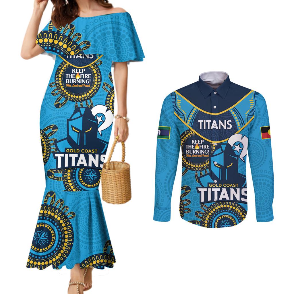 Custom NRL Titans NAIDOC Week Couples Matching Mermaid Dress and Long Sleeve Button Shirt Keep The Fire Burning Indigenous Art