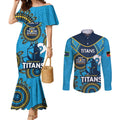 Custom NRL Titans NAIDOC Week Couples Matching Mermaid Dress and Long Sleeve Button Shirt Keep The Fire Burning Indigenous Art