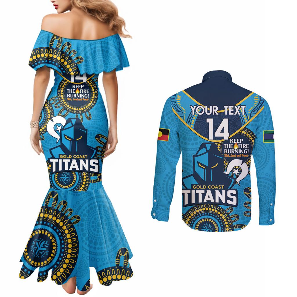 Custom NRL Titans NAIDOC Week Couples Matching Mermaid Dress and Long Sleeve Button Shirt Keep The Fire Burning Indigenous Art