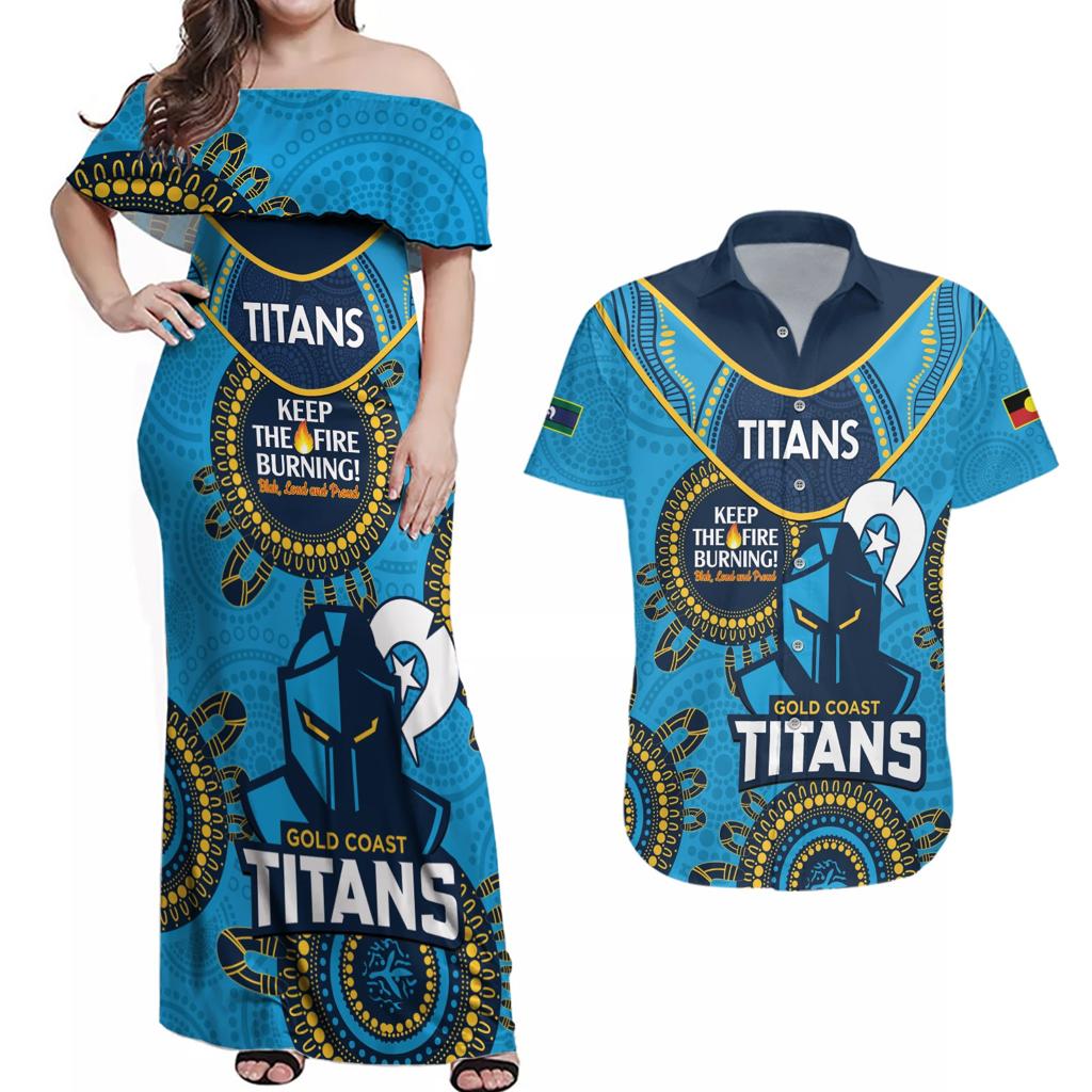 Custom NRL Titans NAIDOC Week Couples Matching Off Shoulder Maxi Dress and Hawaiian Shirt Keep The Fire Burning Indigenous Art