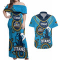 Custom NRL Titans NAIDOC Week Couples Matching Off Shoulder Maxi Dress and Hawaiian Shirt Keep The Fire Burning Indigenous Art