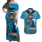Custom NRL Titans NAIDOC Week Couples Matching Off Shoulder Maxi Dress and Hawaiian Shirt Keep The Fire Burning Indigenous Art