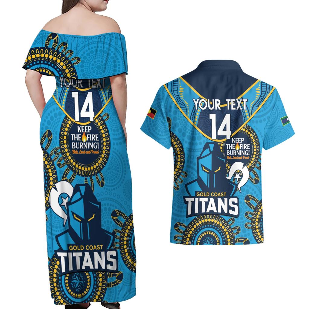 Custom NRL Titans NAIDOC Week Couples Matching Off Shoulder Maxi Dress and Hawaiian Shirt Keep The Fire Burning Indigenous Art