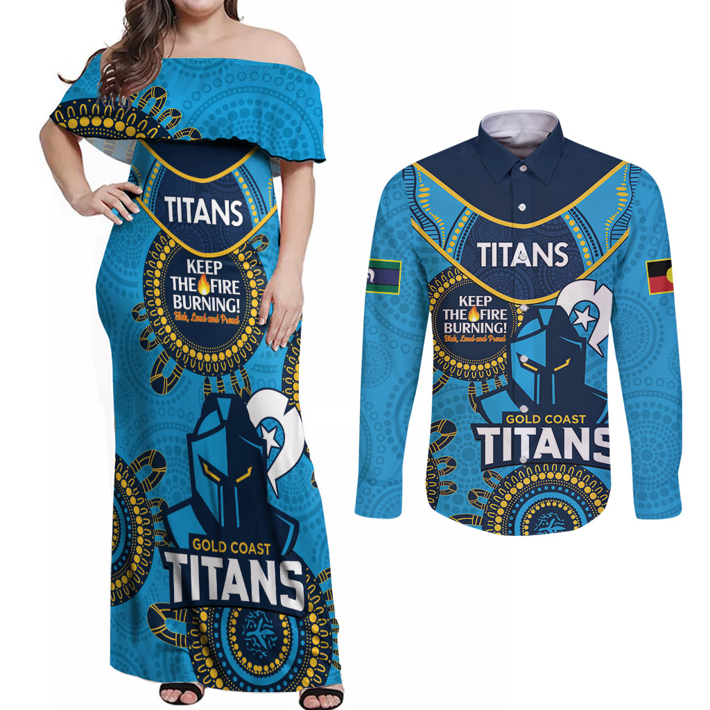 Custom NRL Titans NAIDOC Week Couples Matching Off Shoulder Maxi Dress and Long Sleeve Button Shirt Keep The Fire Burning Indigenous Art