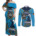 Custom NRL Titans NAIDOC Week Couples Matching Off Shoulder Maxi Dress and Long Sleeve Button Shirt Keep The Fire Burning Indigenous Art