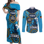 Custom NRL Titans NAIDOC Week Couples Matching Off Shoulder Maxi Dress and Long Sleeve Button Shirt Keep The Fire Burning Indigenous Art