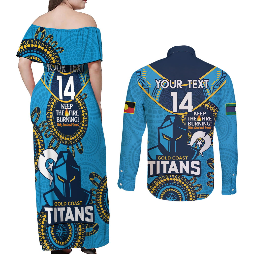 Custom NRL Titans NAIDOC Week Couples Matching Off Shoulder Maxi Dress and Long Sleeve Button Shirt Keep The Fire Burning Indigenous Art