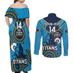 Custom NRL Titans NAIDOC Week Couples Matching Off Shoulder Maxi Dress and Long Sleeve Button Shirt Keep The Fire Burning Indigenous Art