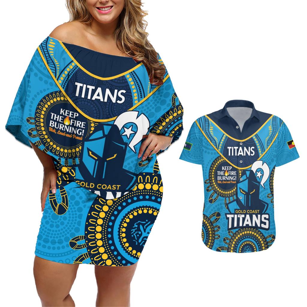 Custom NRL Titans NAIDOC Week Couples Matching Off Shoulder Short Dress and Hawaiian Shirt Keep The Fire Burning Indigenous Art