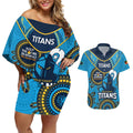 Custom NRL Titans NAIDOC Week Couples Matching Off Shoulder Short Dress and Hawaiian Shirt Keep The Fire Burning Indigenous Art