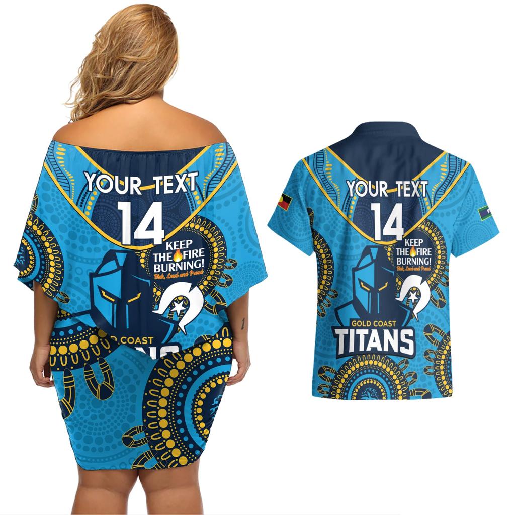 Custom NRL Titans NAIDOC Week Couples Matching Off Shoulder Short Dress and Hawaiian Shirt Keep The Fire Burning Indigenous Art