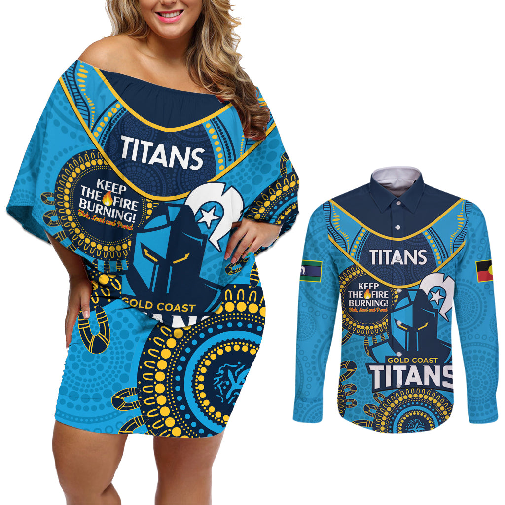 Custom NRL Titans NAIDOC Week Couples Matching Off Shoulder Short Dress and Long Sleeve Button Shirt Keep The Fire Burning Indigenous Art