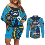 Custom NRL Titans NAIDOC Week Couples Matching Off Shoulder Short Dress and Long Sleeve Button Shirt Keep The Fire Burning Indigenous Art