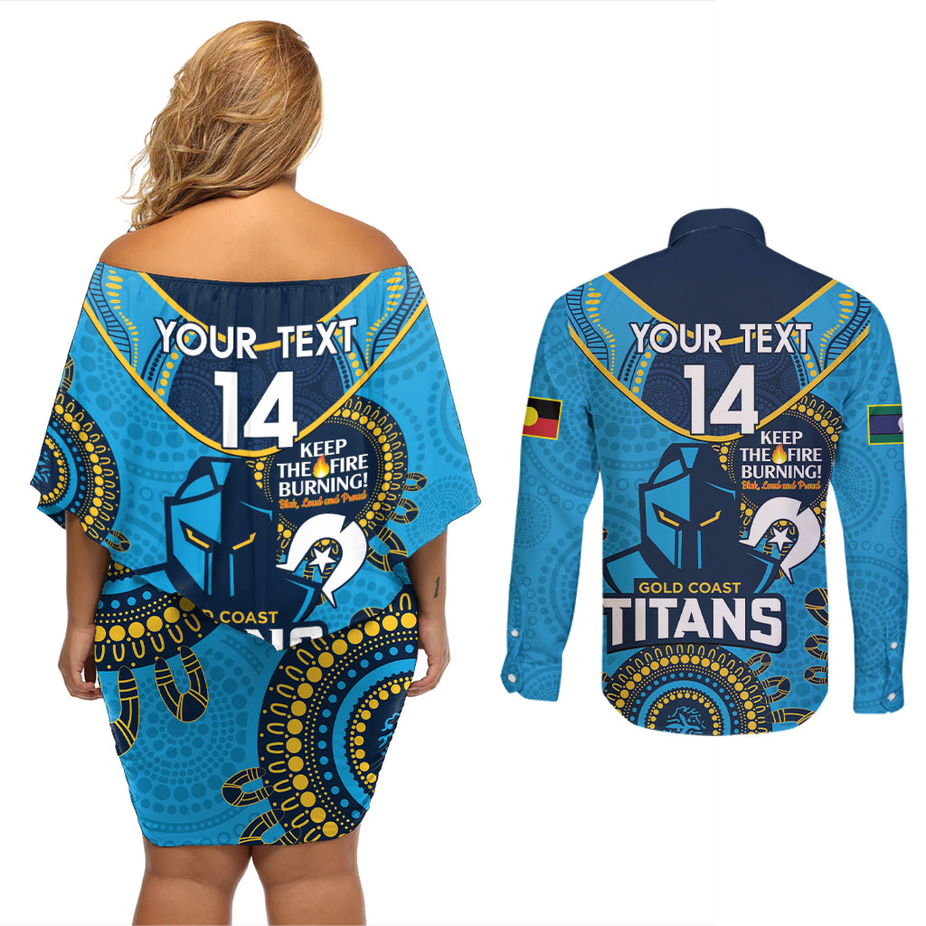 Custom NRL Titans NAIDOC Week Couples Matching Off Shoulder Short Dress and Long Sleeve Button Shirt Keep The Fire Burning Indigenous Art