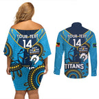 Custom NRL Titans NAIDOC Week Couples Matching Off Shoulder Short Dress and Long Sleeve Button Shirt Keep The Fire Burning Indigenous Art